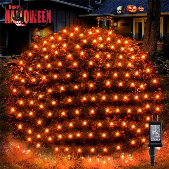 Halloween Net Lights, 200 LED 8.2ft x 4.9ft Orange Halloween Bush Lights